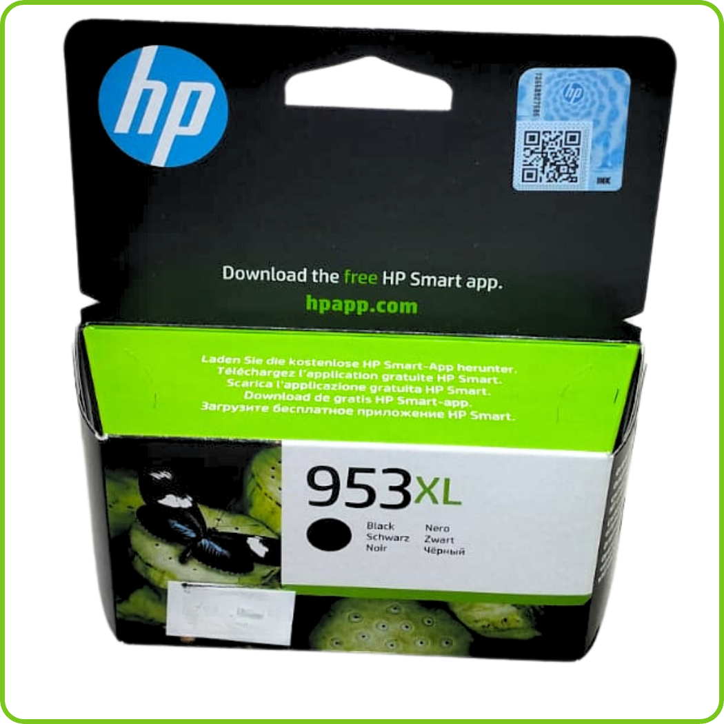 An image of the HP 953XL High Yield Black Original Ink Cartridge (L0S70AE), showcasing its sleek design and HP branding.
