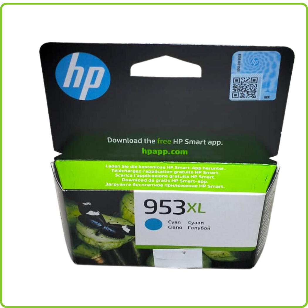 An image of the HP 953XL High Yield Cyan Original Ink Cartridge (L0S70AE), showcasing its packaging and cyan color.