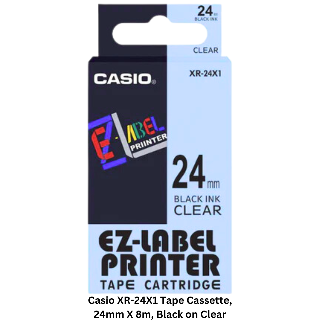 Image of Casio XR-24X1 Tape Cassette, 24mm X 8m, Black on Clear