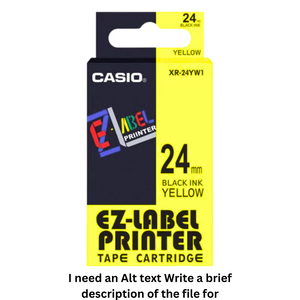 Image of Casio XR-24YW1 Tape Cassette, 24mm X 8m, Black on Yellow