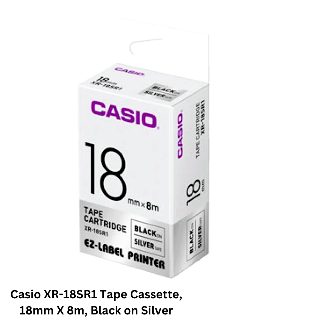 Image of Casio XR-18SR1 Tape Cassette, 18mm X 8m, Black on Silver