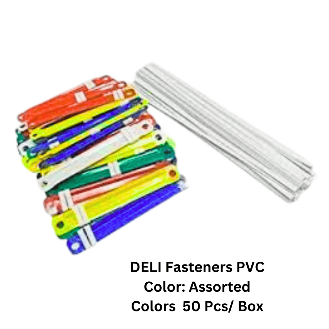 DELI Fasteners PVC - Assorted colors, pack of 50. Durable PVC construction for organizing papers and files.