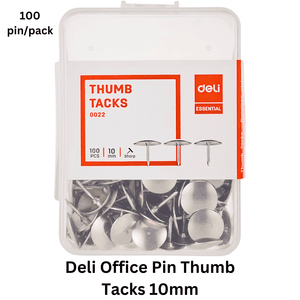 Deli Office Pin Thumb Tacks 10mm - Pack of [insert quantity] thumb tacks for organizing documents and notes on bulletin boards.