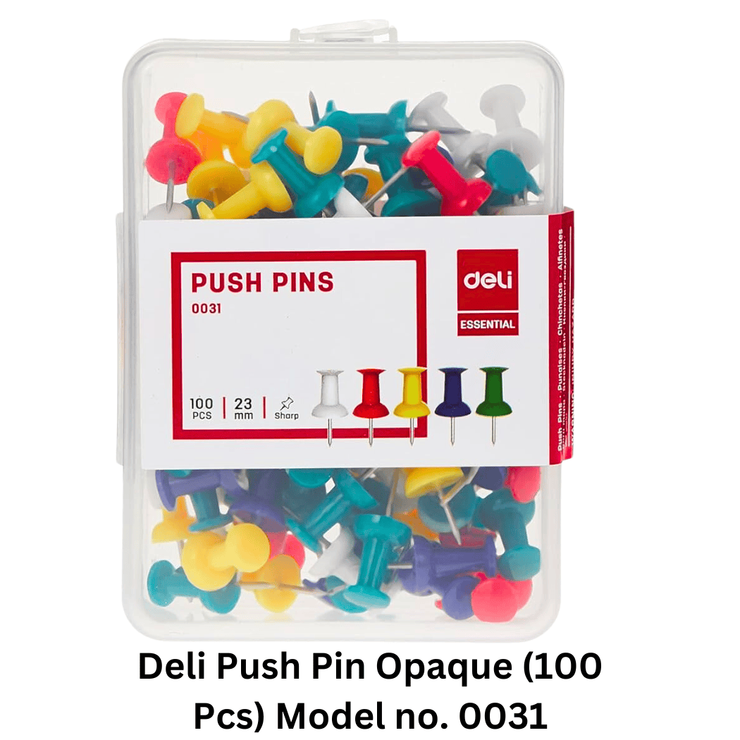 Deli Push Pin Opaque (100 Pcs) Model No. 0031 - Pack of 100 opaque push pins for organizing documents and notes on bulletin boards.
