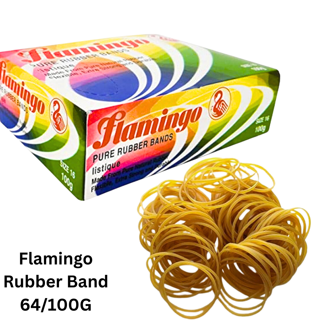 Flamingo Rubber Band 64/100G - A pack of rubber bands by Flamingo, weighing 100 grams and measuring 64mm in length.