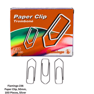 Image showing a pack of 100 Flamingo 236 paper clips, each 50mm in size, in silver color.