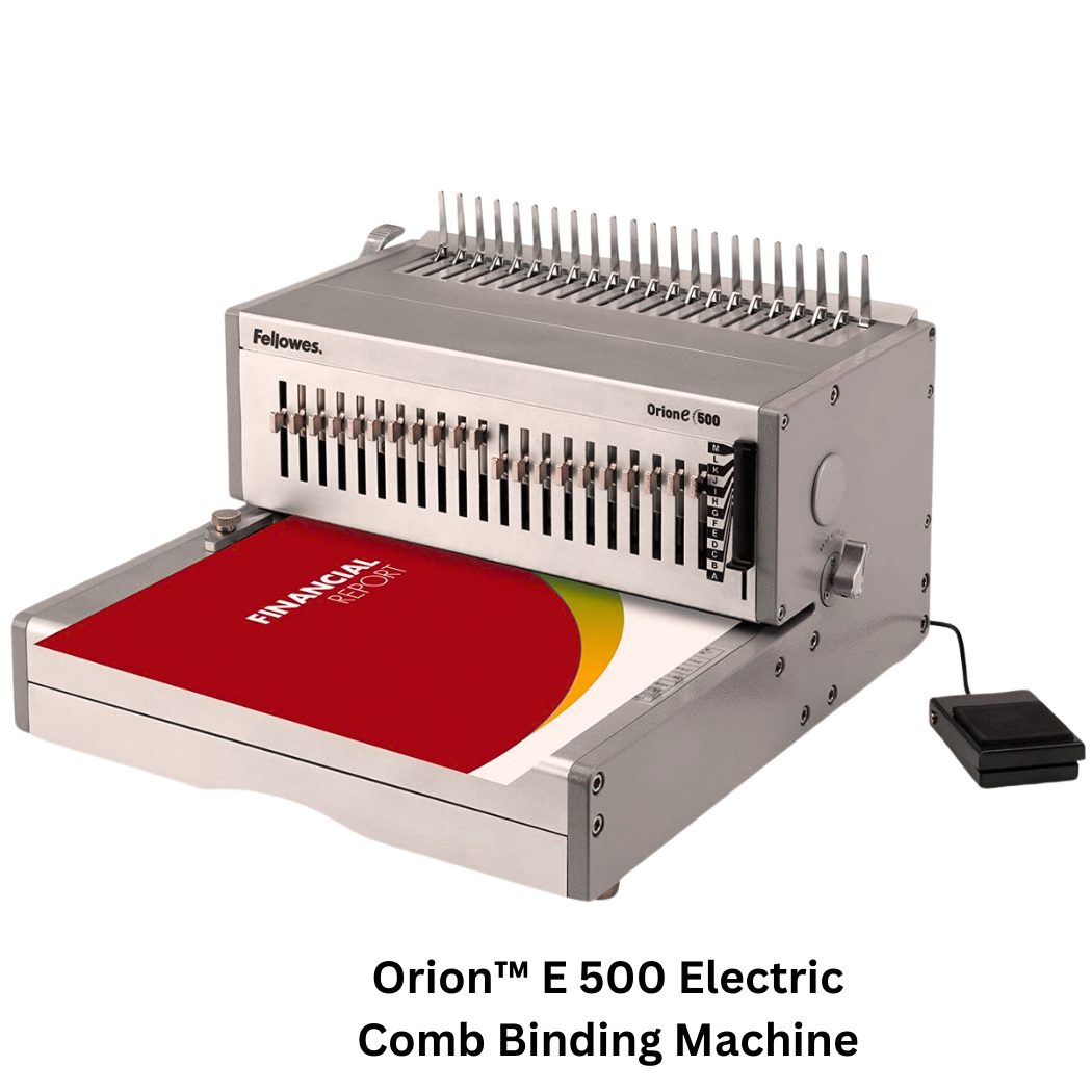  Image of the Orion™ E 500 Electric Comb Binding Machine, an electric comb binding machine designed for fast and convenient document binding in office environments, offering reliable binding for up to 500 sheets with automated features.