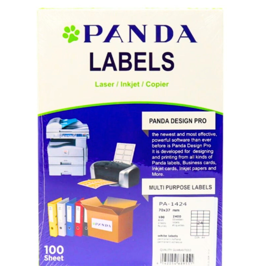 Image showcasing PANDA Multi-Purpose Labels PA-1424, featuring 24 labels per page and designed for versatile labeling needs