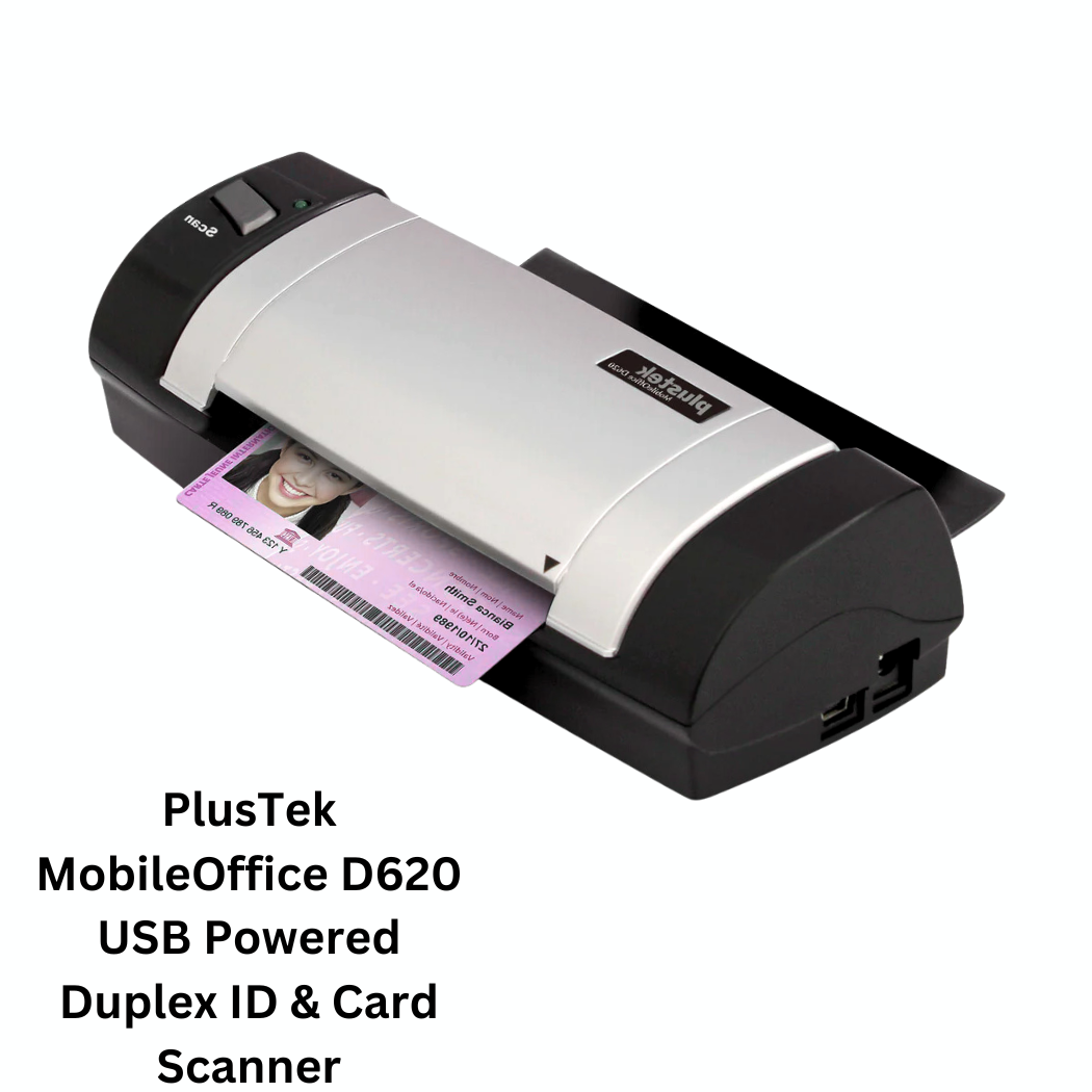 PlusTek MobileOffice D620 USB Powered Duplex ID & Card Scanner - a versatile scanner powered via USB, capable of duplex scanning for IDs and cards