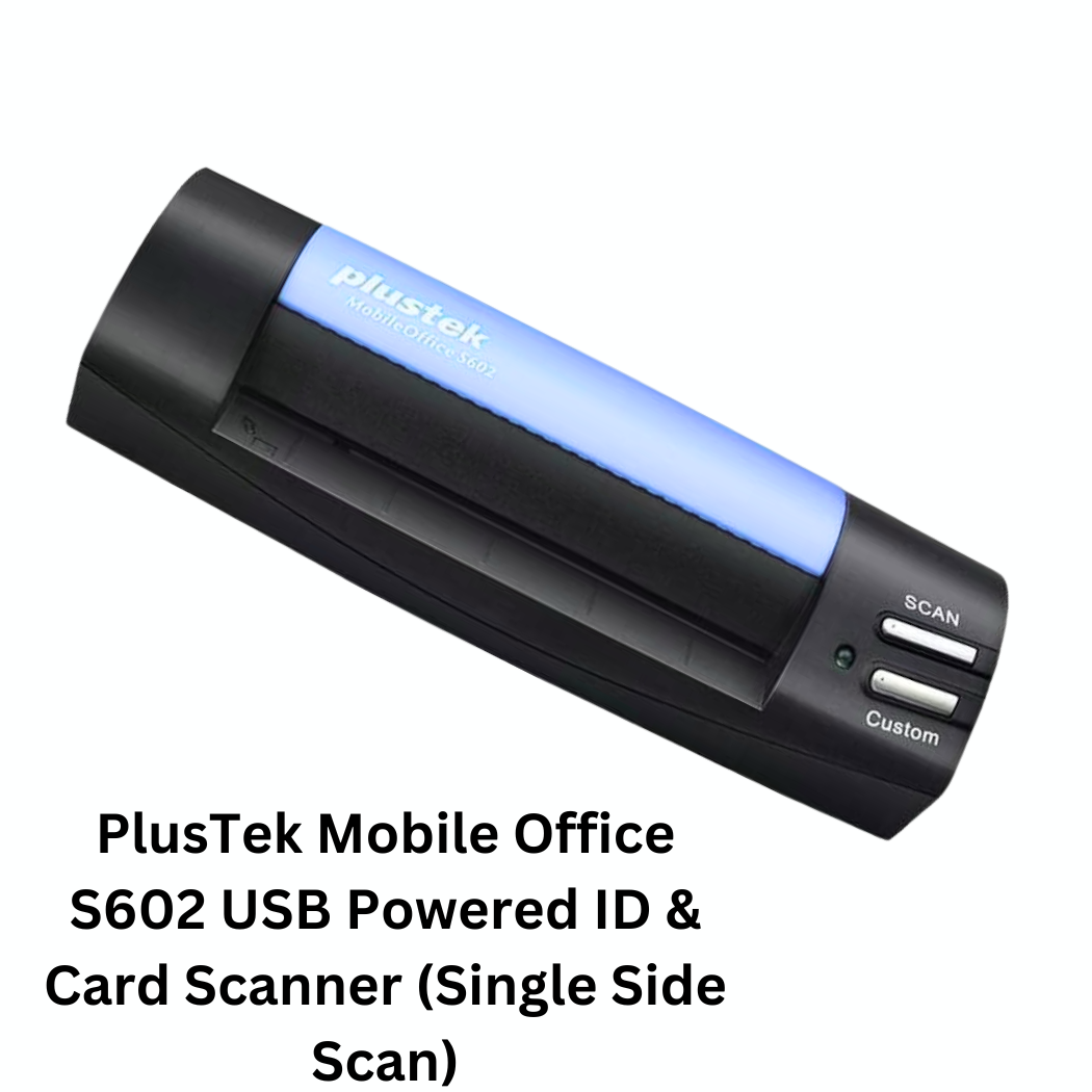 PlusTek Mobile Office S602 USB Powered ID & Card Scanner (Single Side Scan) - a compact, USB-powered scanner for IDs and cards, with single-side scanning capability