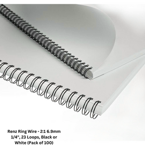 Image of Renz Ring Wire - 2:1, 6.9mm (1/4"), 23 Loops, available in black or white. Pack of 100 wire bindings suitable for professional reports and presentations.