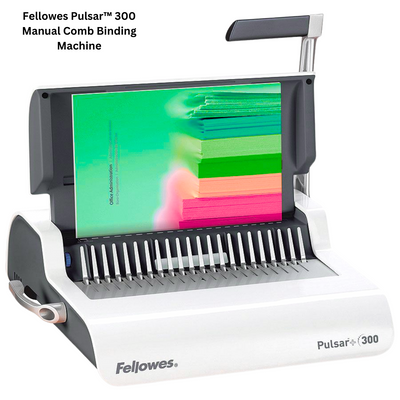 Image of the Fellowes Pulsar™ 300 Manual Comb Binding Machine, a compact and efficient solution for binding documents in small offices and classrooms.