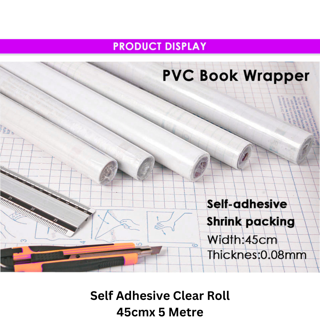 Image of the Self Adhesive Clear Roll, a versatile adhesive solution measuring 45cm x 5 Metre. Ideal for crafting, labeling, packaging, and DIY projects.