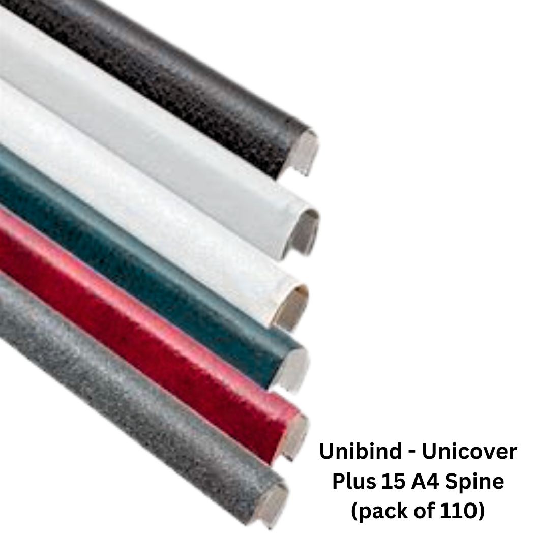 Image showing a pack of 110 Unibind Unicover Plus 15 A4 Spines, suitable for binding A4-sized documents