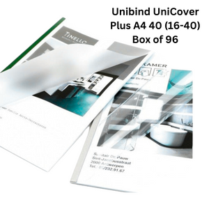 Image showing a box of 96 Unibind UniCover Plus A4 40 (16-40) binding spines, suitable for A4-sized documents.