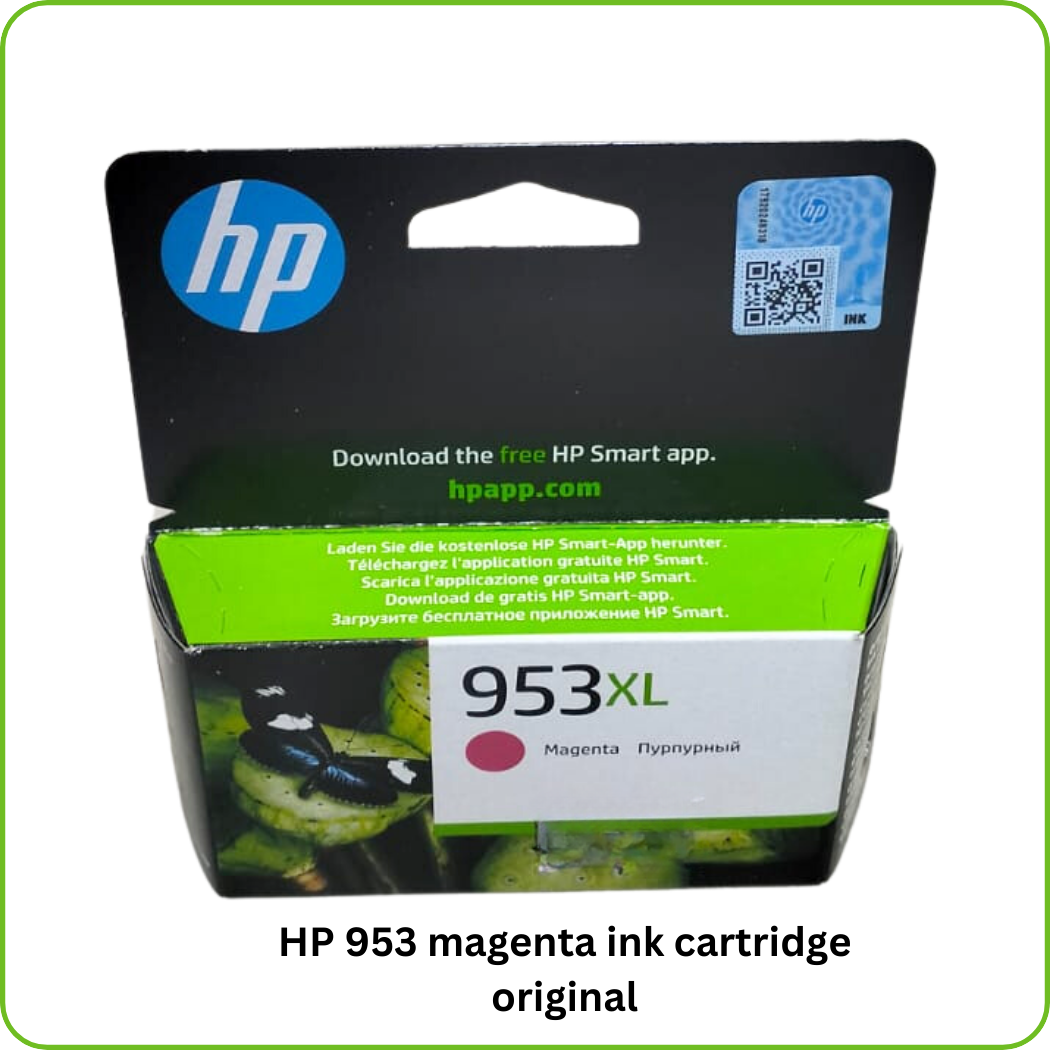 An image of the HP 953XL Magenta Original Ink Cartridge (F6U17AE), showcasing its packaging and magenta color