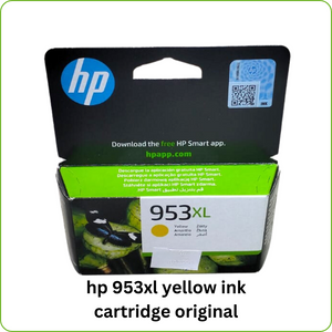 An image of the HP 953XL Yellow Original Ink Cartridge (F6U18AE), showcasing its packaging and yellow color